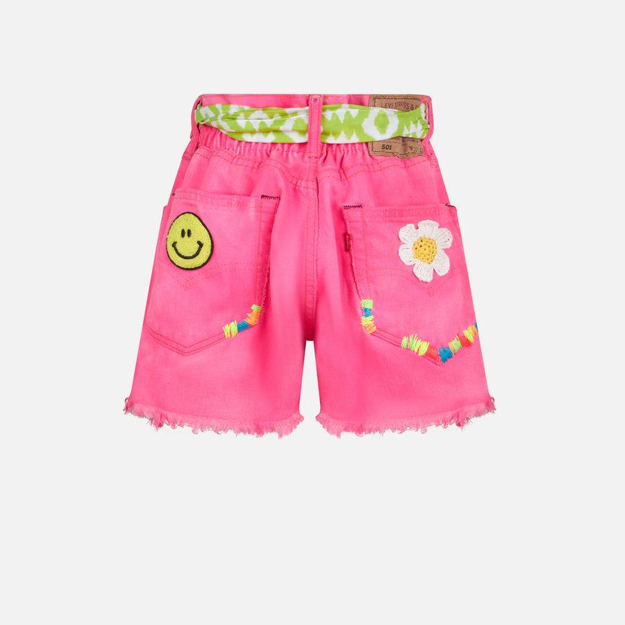 Mc2 Saint Barth Pantaloncini Da Bambina In Denim Riciclato Rosa Fluo Con Ricami