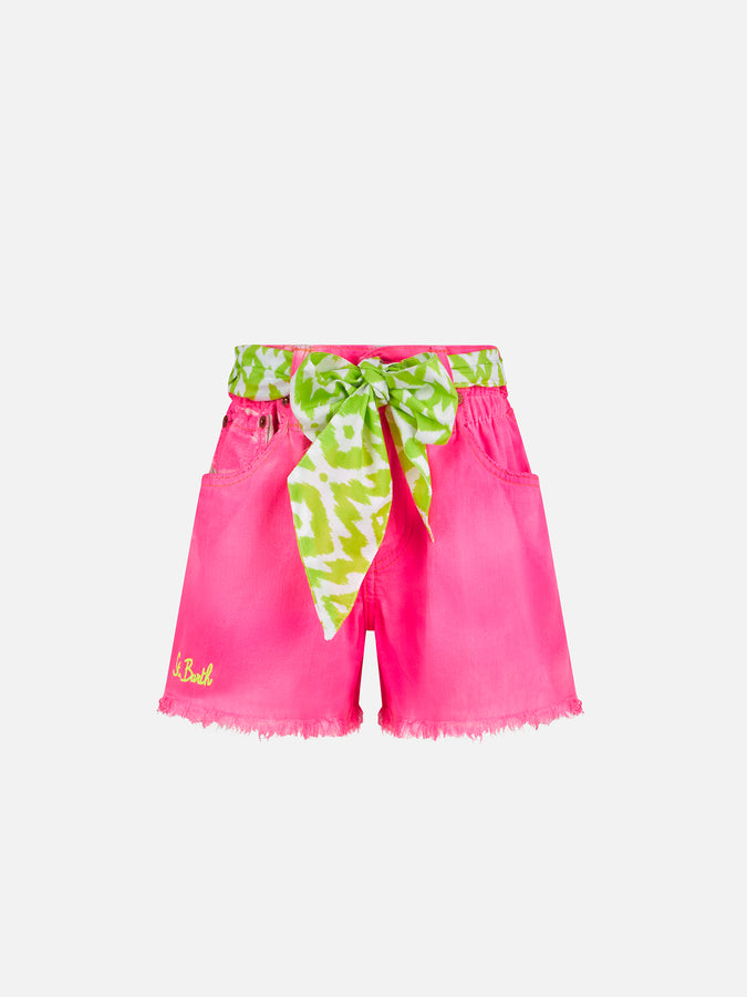 Mc2 Saint Barth Pantaloncini da bambina in denim riciclato rosa fluo con ricami
