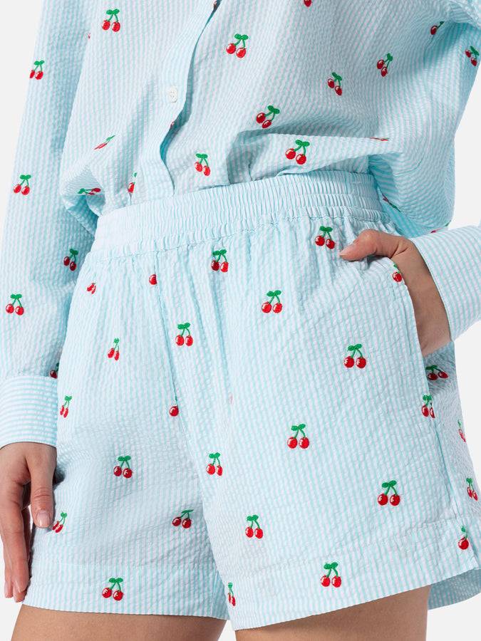 Mc2 Saint Barth Pantaloncini Da Donna Pull Up A Righe Seersucker Meave Con Toppe Ciliegia