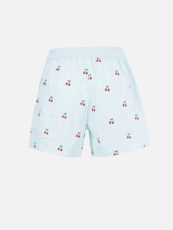 Mc2 Saint Barth Pantaloncini Da Donna Pull Up A Righe Seersucker Meave Con Toppe Ciliegia