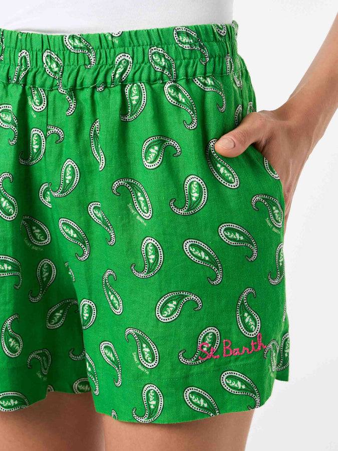 Mc2 Saint Barth Pantaloncini Da Spiaggia Da Donna In Lino Con Stampa Paisley