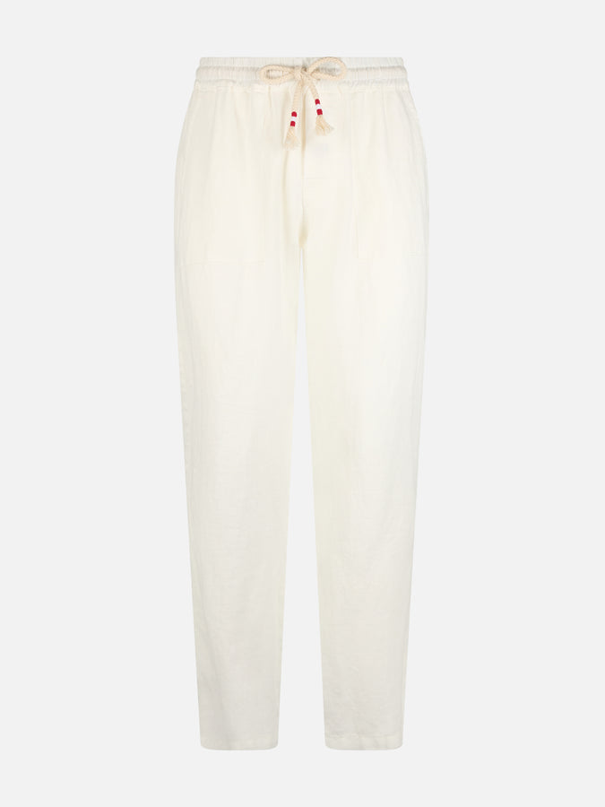 Mc2 Saint Barth Pantalone Calais Da Uomo In Lino Bianco Con Coulisse