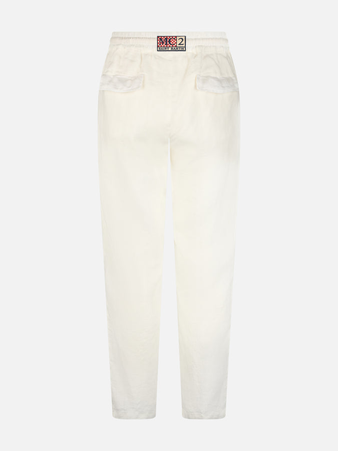 Mc2 Saint Barth Pantalone Calais Da Uomo In Lino Bianco Con Coulisse