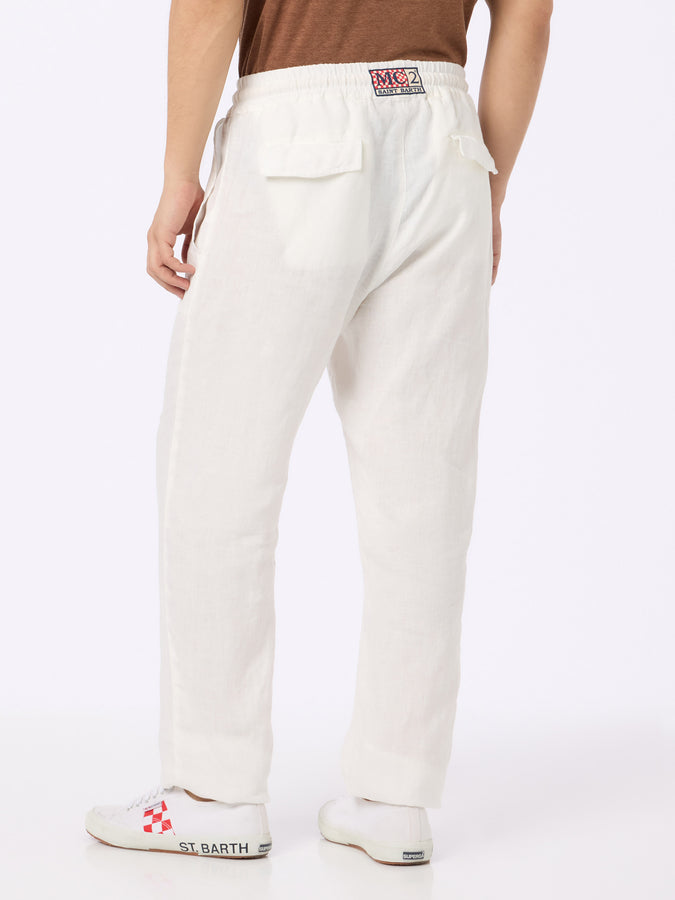 Mc2 Saint Barth Pantalone Calais Da Uomo In Lino Bianco Con Coulisse