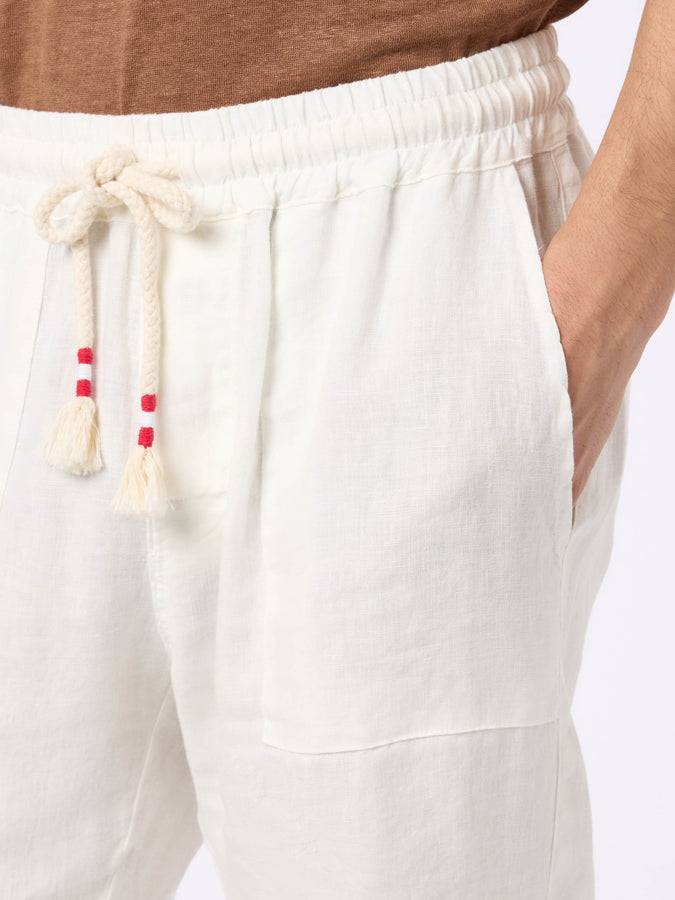 Mc2 Saint Barth Pantalone Calais Da Uomo In Lino Bianco Con Coulisse