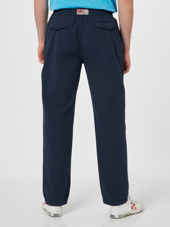 Mc2 Saint Barth Pantalone Da Uomo Blu Navy In Cotone Seersucker Relais
