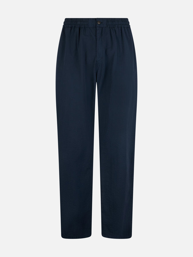Mc2 Saint Barth Pantalone Da Uomo Blu Navy In Cotone Seersucker Relais