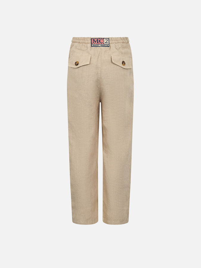 Mc2 Saint Barth Pantaloni Calais Jr Da Bambino In Lino Beige Con Coulisse