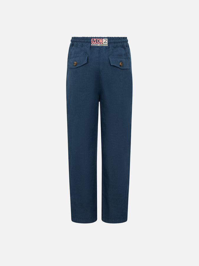 Mc2 Saint Barth Pantaloni Calais Jr Da Bambino In Lino Blu Navy Con Coulisse
