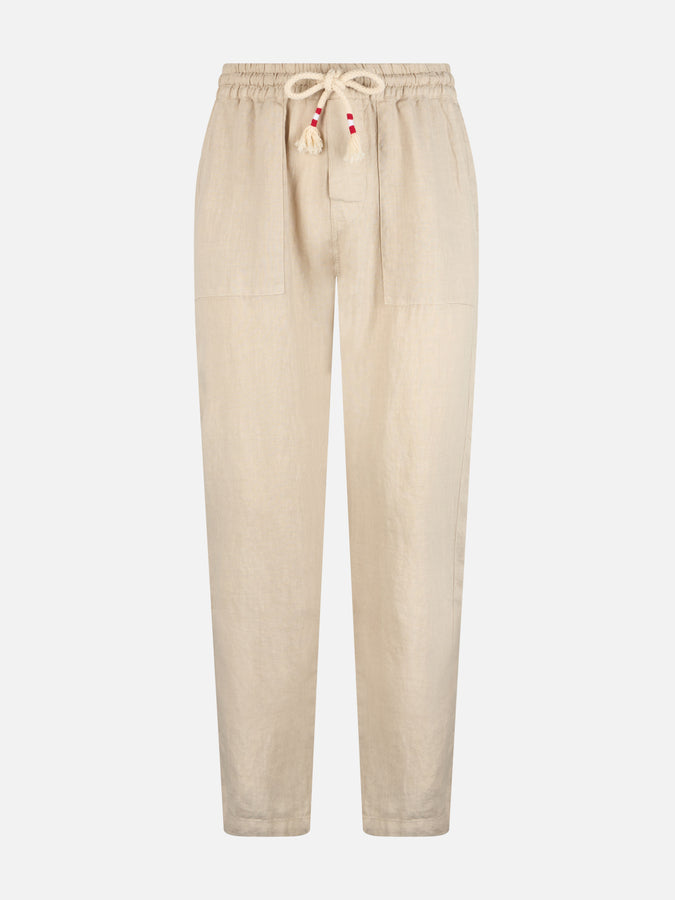 Mc2 Saint Barth Pantaloni Da Uomo Calais In Lino Bianco Sporco Con Coulisse