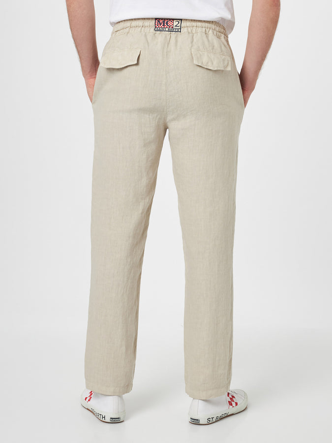 Mc2 Saint Barth Pantaloni Da Uomo Calais In Lino Bianco Sporco Con Coulisse
