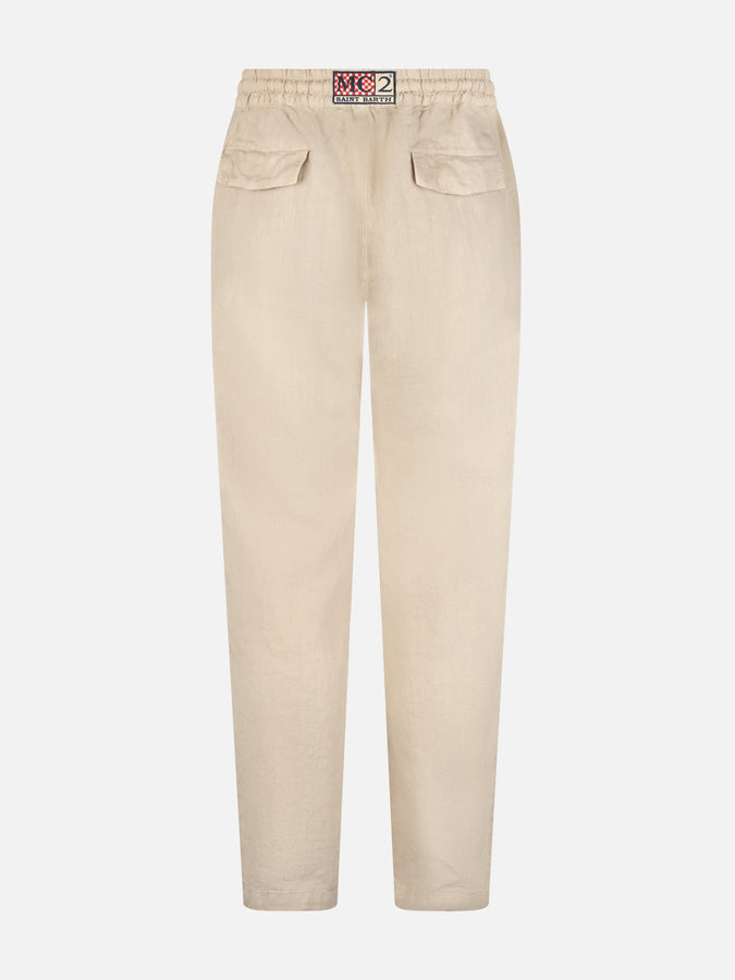 Mc2 Saint Barth Pantaloni Da Uomo Calais In Lino Bianco Sporco Con Coulisse