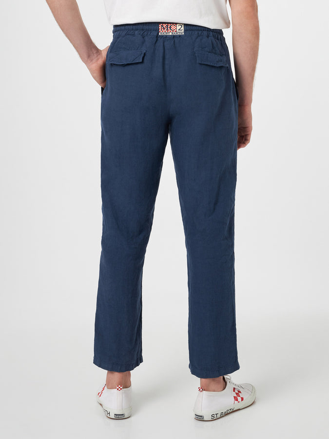 Mc2 Saint Barth Pantaloni Da Uomo Calais In Lino Blu Navy Con Coulisse