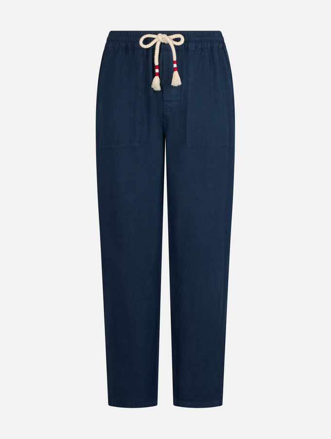 Mc2 Saint Barth Pantaloni Da Uomo Calais In Lino Blu Navy Con Coulisse