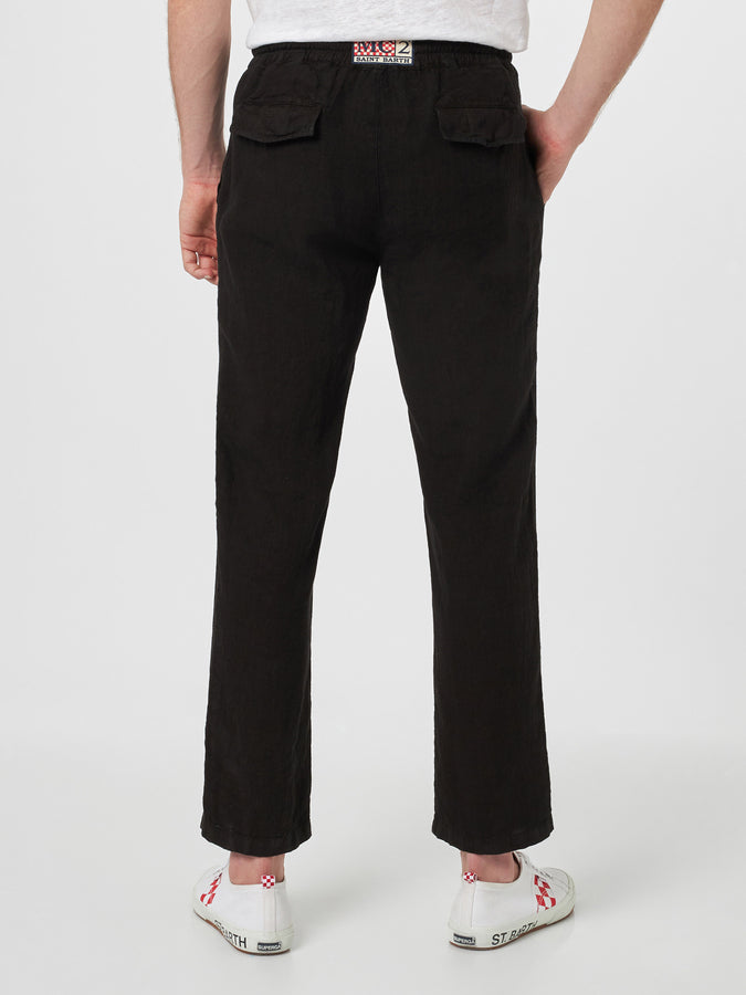 Mc2 Saint Barth Pantaloni Da Uomo Calais In Lino Nero Con Coulisse