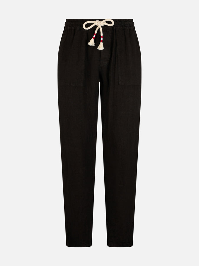 Mc2 Saint Barth Pantaloni Da Uomo Calais In Lino Nero Con Coulisse