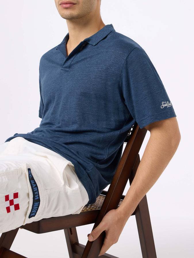 Mc2 Saint Barth Polo Da Uomo In Lino Blu Navy Fraser