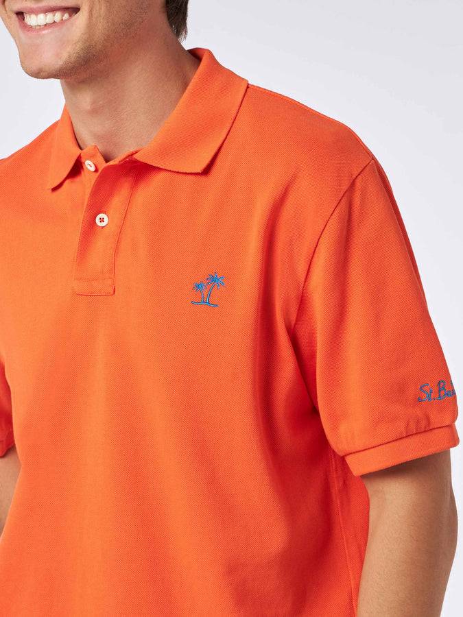 Mc2 Saint Barth Polo Da Uomo In Piquet Arancione Con Logo St. Barth Ed Effetto Vintage