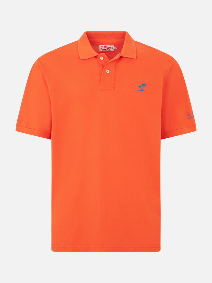 Mc2 Saint Barth Polo Da Uomo In Piquet Arancione Con Logo St. Barth Ed Effetto Vintage