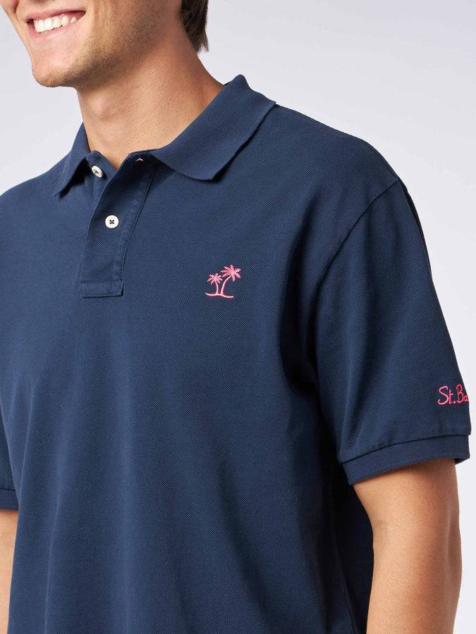 Mc2 Saint Barth Polo Da Uomo In Piquet Blu Con Logo St. Barth Ed Effetto Vintage