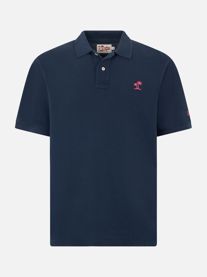 Mc2 Saint Barth Polo Da Uomo In Piquet Blu Con Logo St. Barth Ed Effetto Vintage