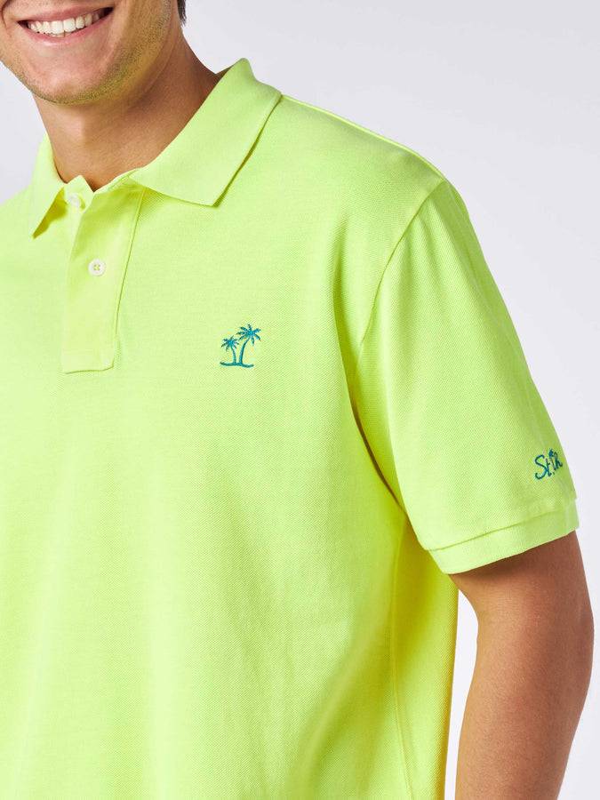 Mc2 Saint Barth Polo Da Uomo In Piquet Giallo Fluo Con Logo St. Barth Ed Effetto Vintage
