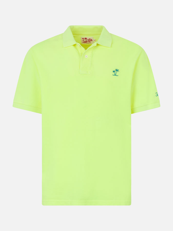 Mc2 Saint Barth Polo Da Uomo In Piquet Giallo Fluo Con Logo St. Barth Ed Effetto Vintage