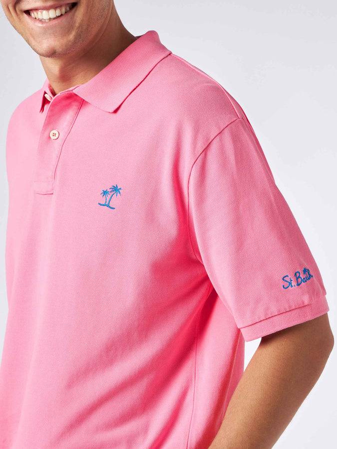 Mc2 Saint Barth Polo Da Uomo In Piquet Rosa Con Logo St. Barth Ed Effetto Vintage
