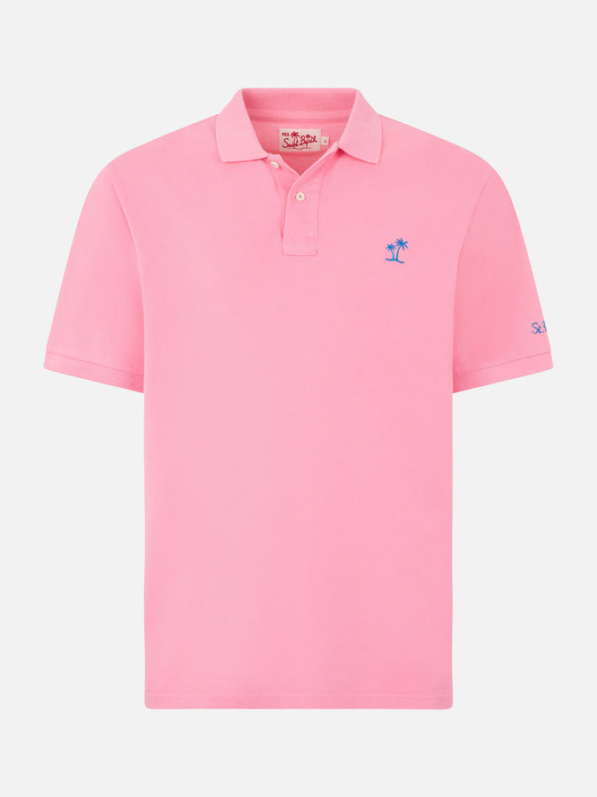 Mc2 Saint Barth Polo Da Uomo In Piquet Rosa Con Logo St. Barth Ed Effetto Vintage