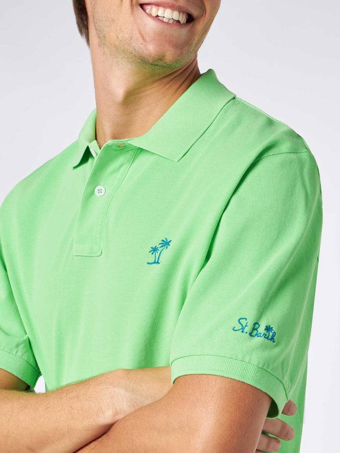 Mc2 Saint Barth Polo Da Uomo In Piquet Verde Fluo Con Logo St. Barth Ed Effetto Vintage