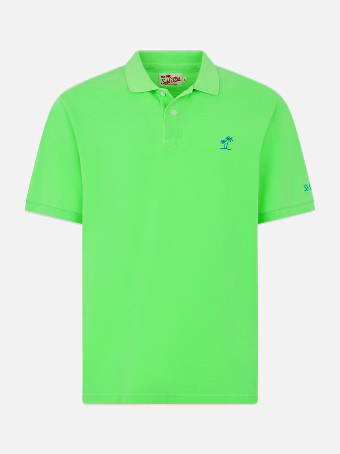 Mc2 Saint Barth Polo Da Uomo In Piquet Verde Fluo Con Logo St. Barth Ed Effetto Vintage