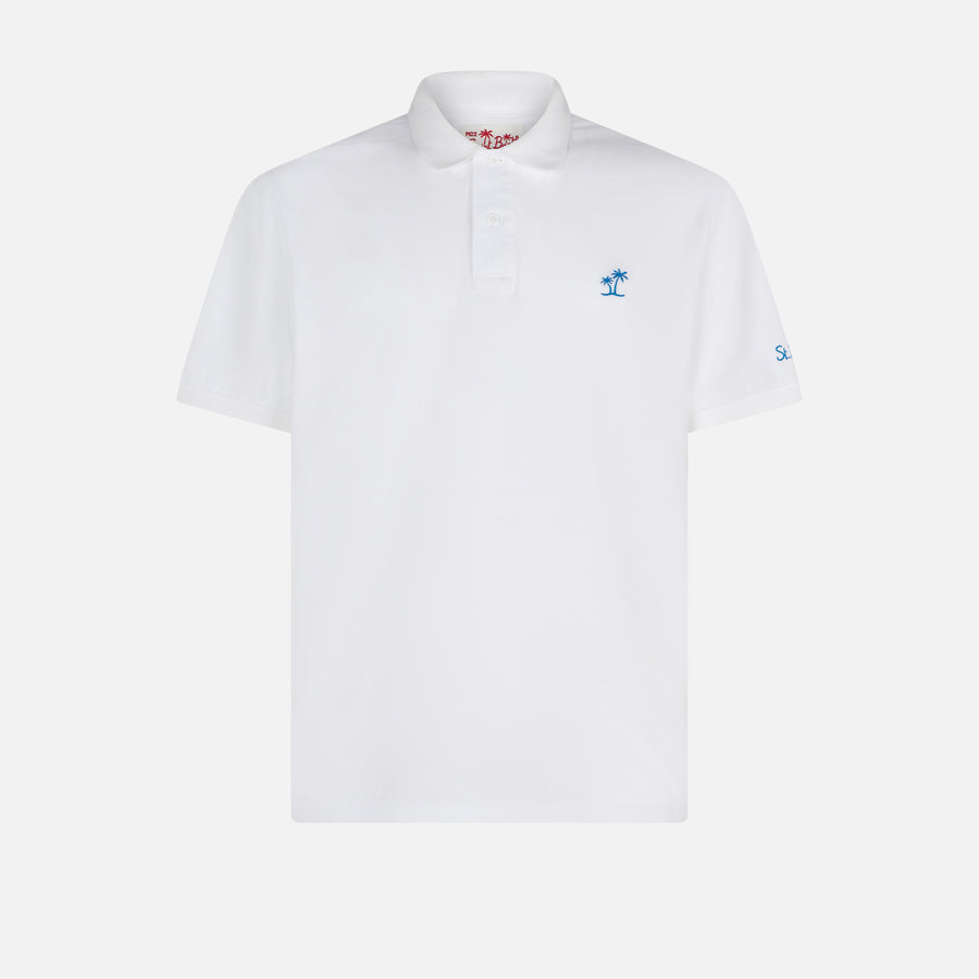 Mc2 Saint Barth Polo In Piquet Bianco Con Logo St. Barth Effetto Vintage