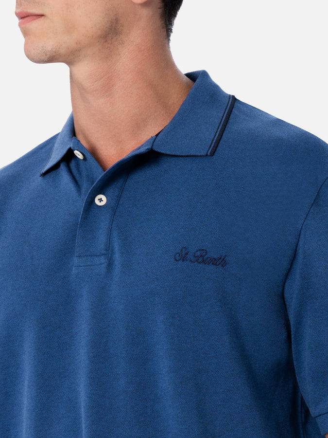 Mc2 Saint Barth Polo Uomo In Piquet Di Cotone Blu Denim Beverly Hills
