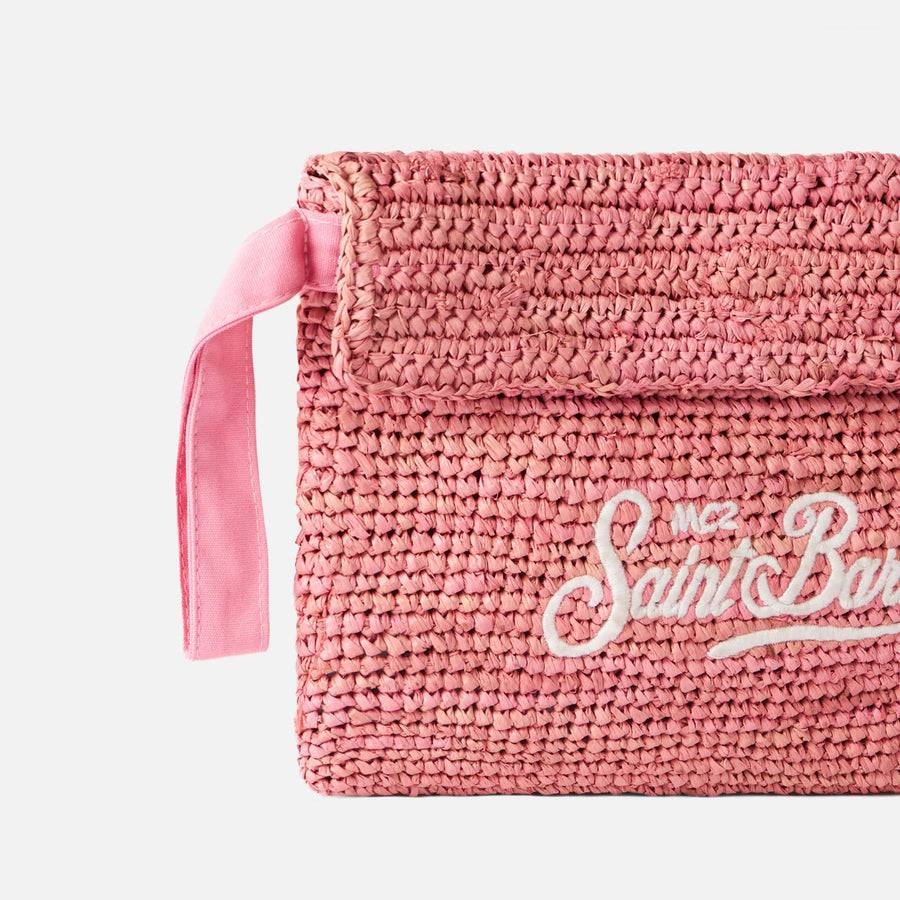 Mc2 Saint Barth Pouch In Rafia Rosa Con Ricamo Frontale