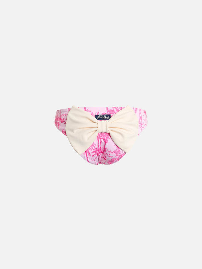 Mc2 Saint Barth Slip da bagno da bambina con fiocco e stampa toile de jouy