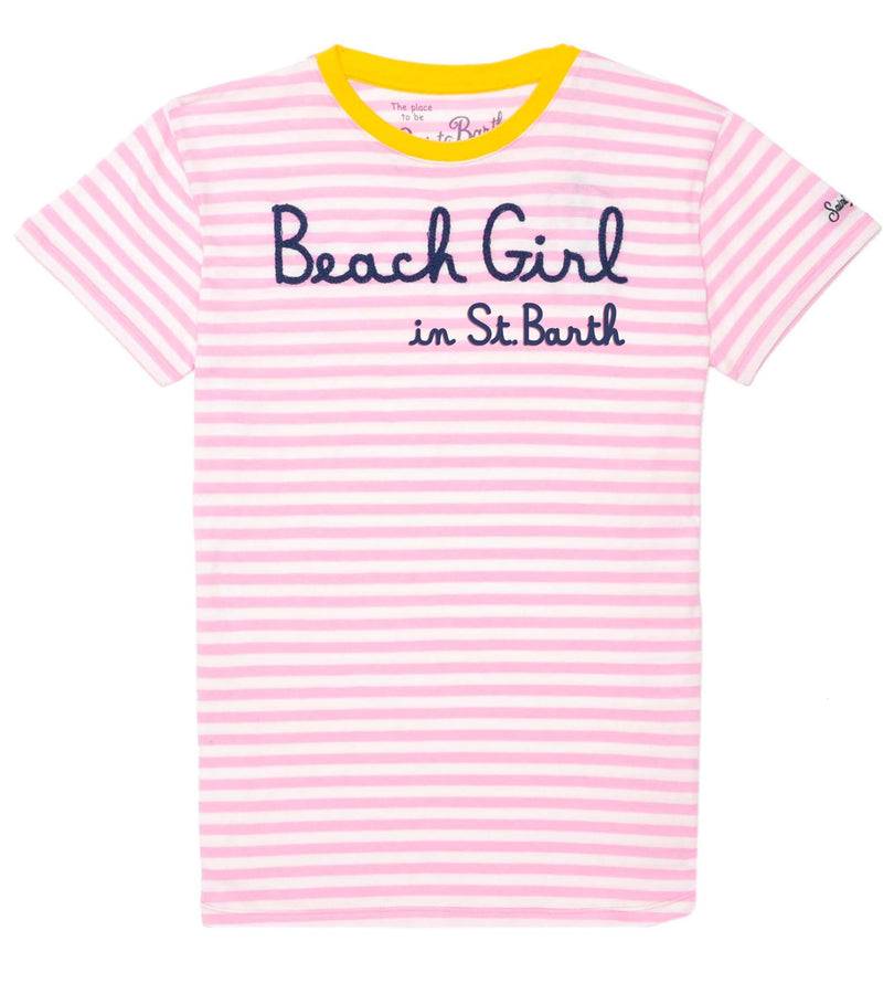 Mc2 Saint Barth T-shirt A Righe Rosa Con Beach Girl Ricamata