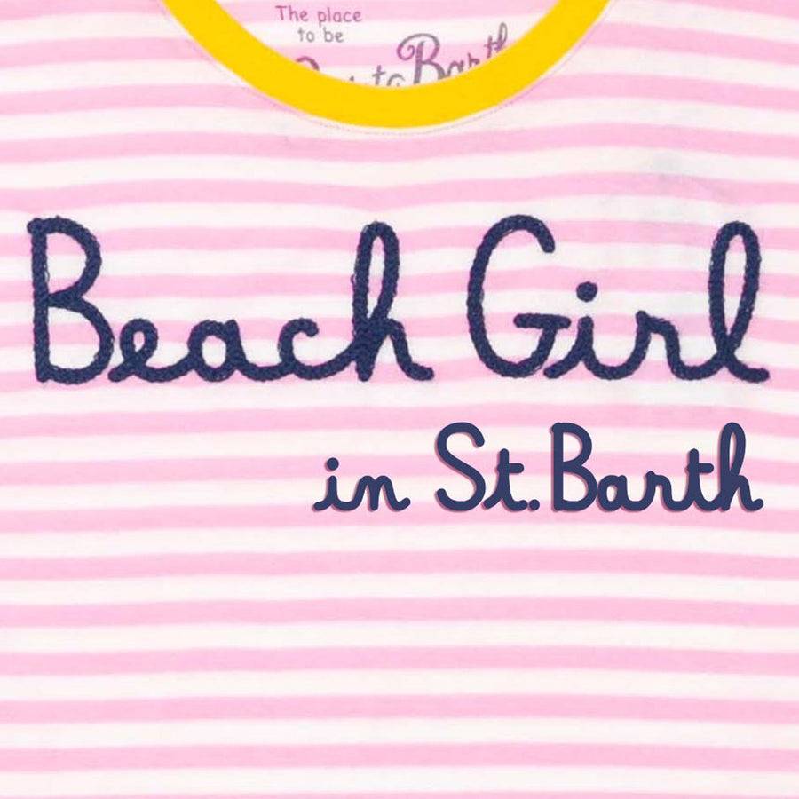 Mc2 Saint Barth T-shirt A Righe Rosa Con Beach Girl Ricamata