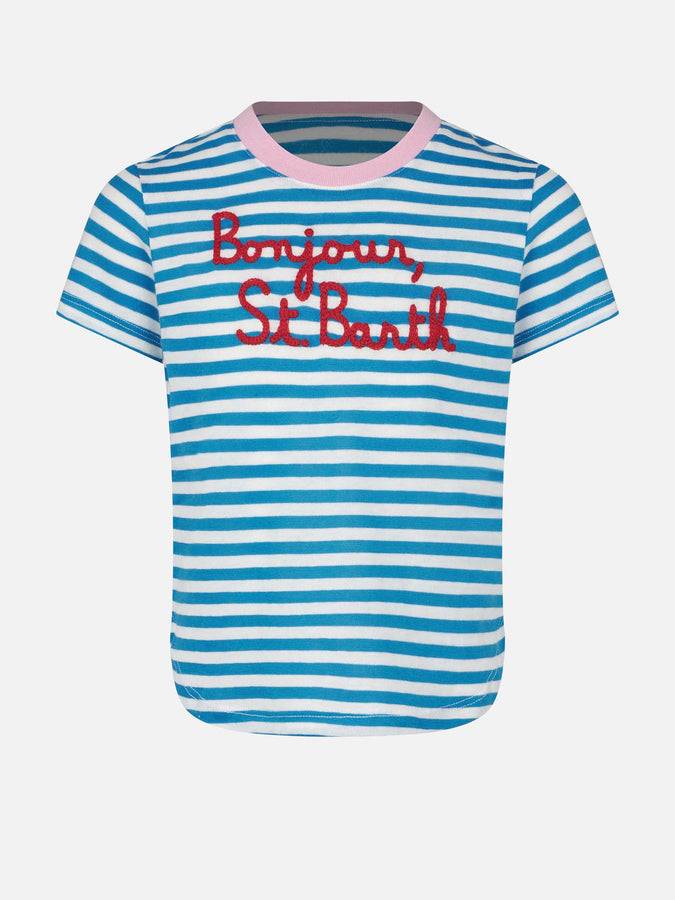 Mc2 Saint Barth T-shirt da bambina a righe con ricamo Bonjour St. Barth
