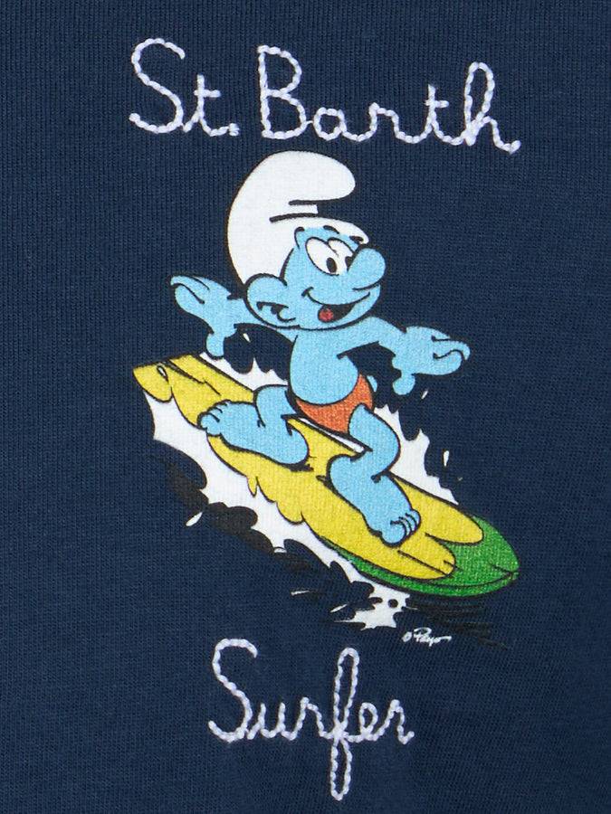 Mc2 Saint Barth T-shirt Da Bambino In Cotone Con Stampa Dei Puffi E Ricamo St. Barth Surfer | I PUFFI EDIZIONE SPECIALE