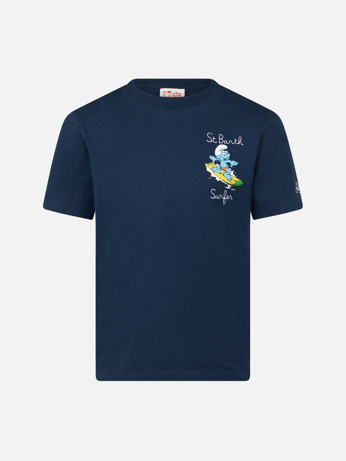 Mc2 Saint Barth T-shirt da bambino in cotone con stampa dei Puffi e ricamo St. Barth Surfer | I PUFFI EDIZIONE SPECIALE