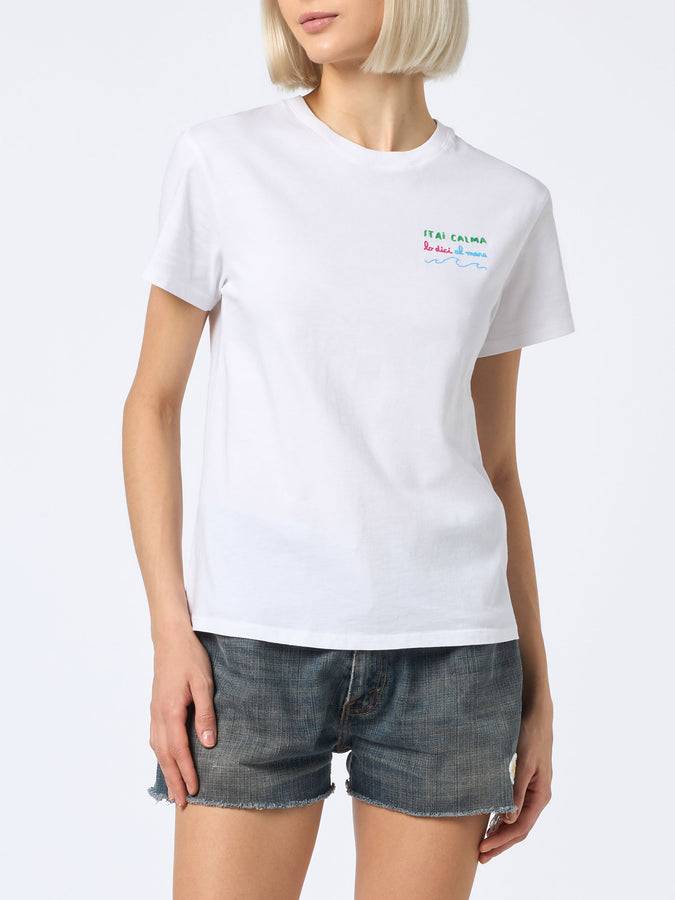 Mc2 Saint Barth T-shirt Da Donna Girocollo Emilie In Jersey Di Cotone Con Ricamo Stai Calma
