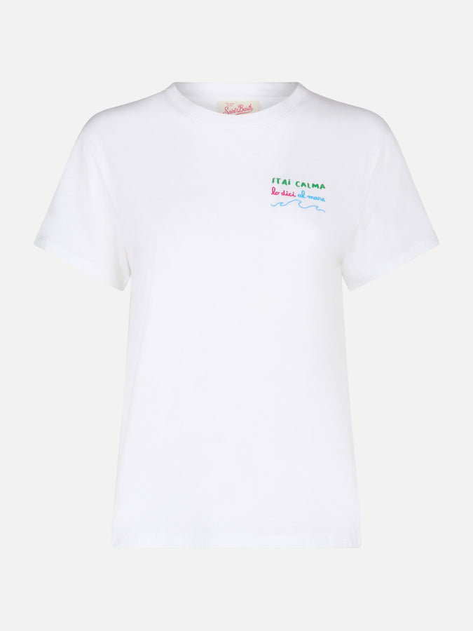 Mc2 Saint Barth T-shirt Da Donna Girocollo Emilie In Jersey Di Cotone Con Ricamo Stai Calma