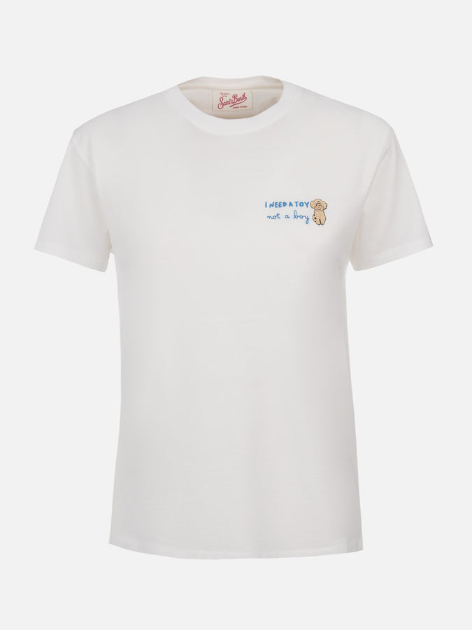 Mc2 Saint Barth T-shirt Da Donna Girocollo Emilie In Jersey Di Cotone Con Ricamo I Need A Toy Not A Boy
