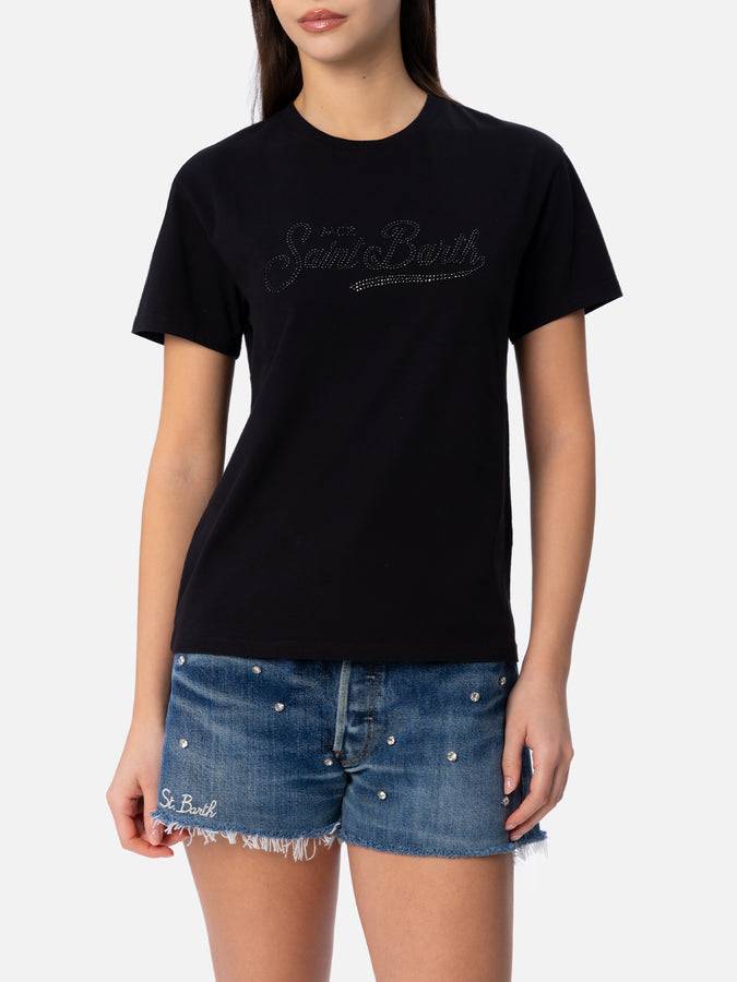 Mc2 Saint Barth T-shirt Da Donna Girocollo Emilie In Jersey Di Cotone Con Ricamo Di Strass Saint Barth