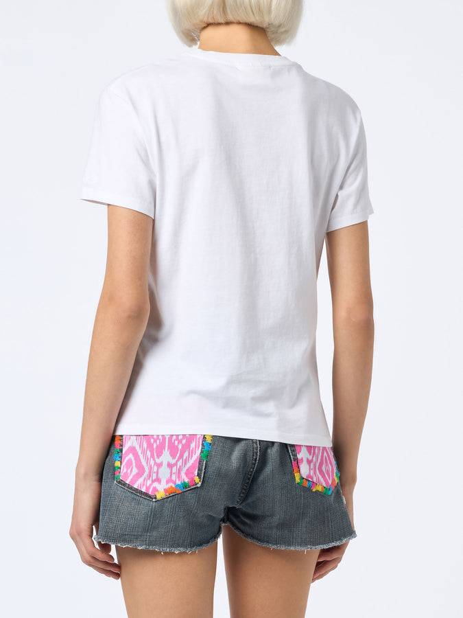 Mc2 Saint Barth T-shirt Da Donna Girocollo In Jersey Di Cotone Emilie Con Ricamo Girls Just Wanna Have Sun