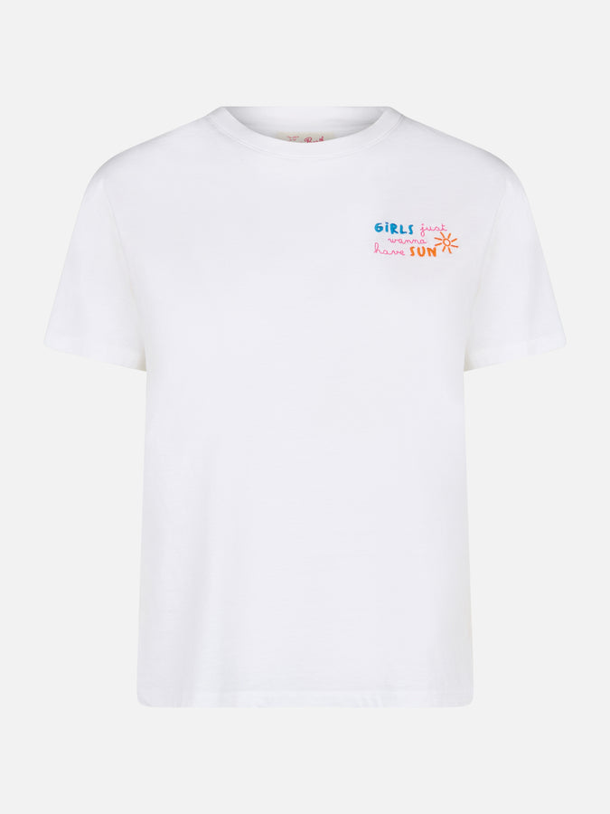 Mc2 Saint Barth T-shirt Da Donna Girocollo In Jersey Di Cotone Emilie Con Ricamo Girls Just Wanna Have Sun