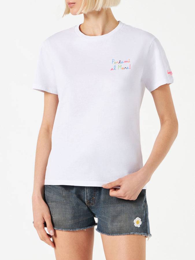 Mc2 Saint Barth T-shirt Da Donna In Cotone Con Ricamo Portami Al Mare!