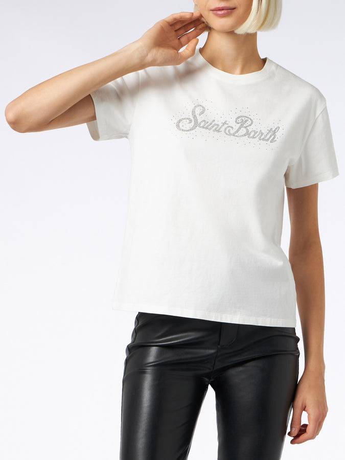 Mc2 Saint Barth T-shirt da donna in cotone pesante con stampa strass St. Barth