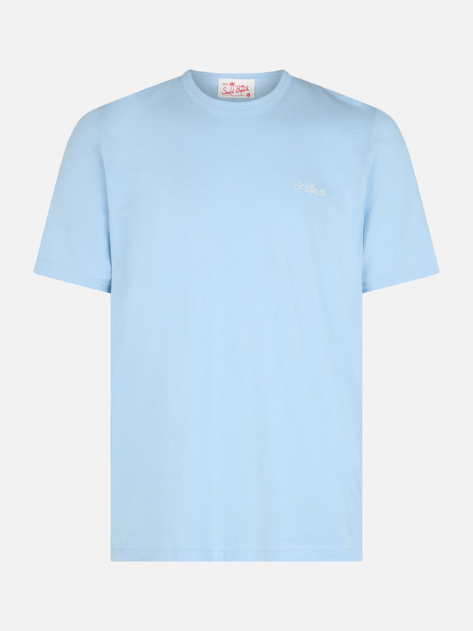 Mc2 Saint Barth T-shirt Da Uomo Dover In Jersey Di Cotone Celeste Con Ricamo St. Barth
