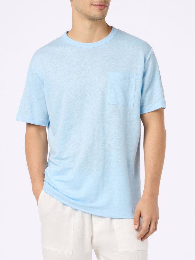 Mc2 Saint Barth T-shirt Da Uomo Ecstasea In Jersey Di Lino Azzurro Con Taschino